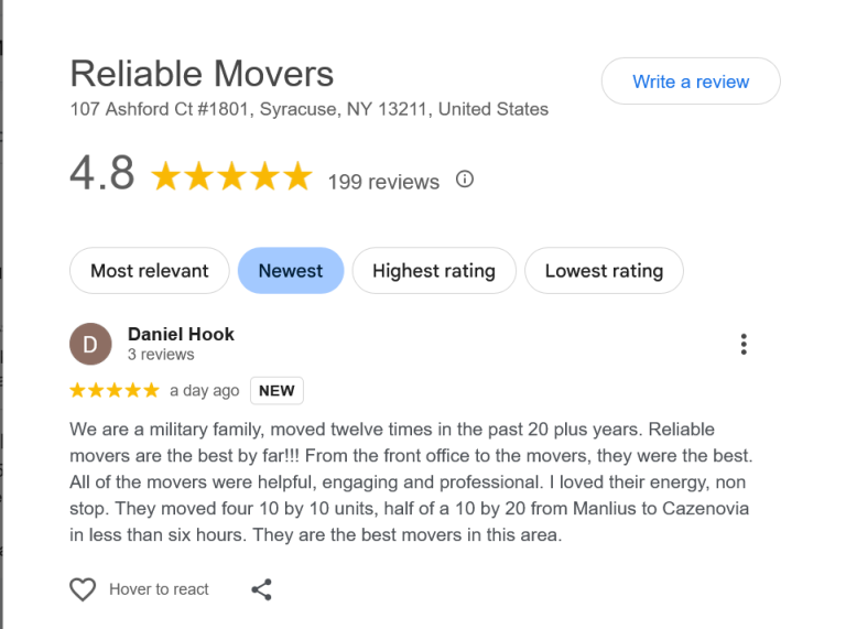 Google Review for Reliable Movers