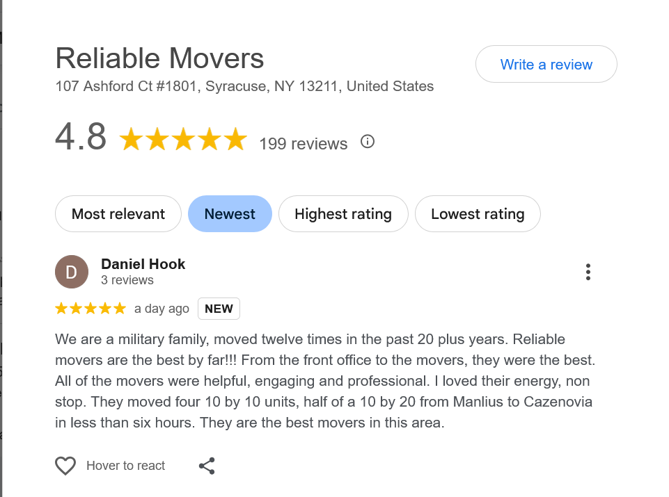 Google Review for Reliable Movers