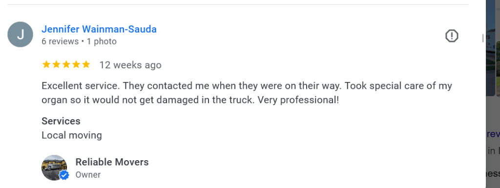 5-star review for Reliable Movers after delivering a organ safely in winter weather
