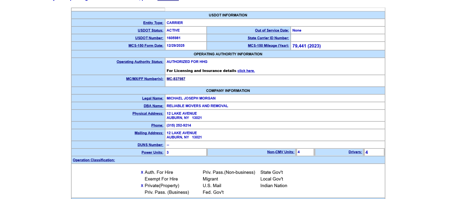 SAFER Web Company Snapshot for Reliable Movers showing interstate operating authority