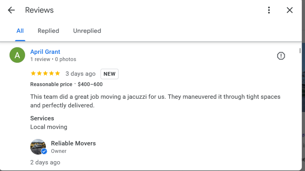 5-star review for hot tub moving service in Syracuse NY by Reliable Movers after successful jacuzzi move