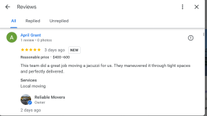 5-star review for hot tub moving service in Syracuse NY by Reliable Movers after successful jacuzzi move