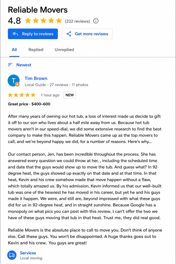 Google review screenshot for Reliable Movers featuring a 5-star hot tub moving review from Tim Brown praising the crew for moving a heavy hot tub in extreme heat.