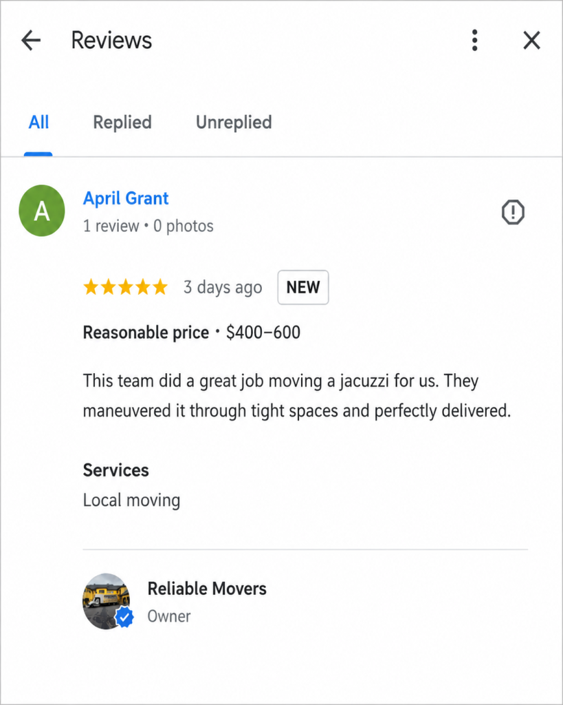 Google review for Reliable Movers from April Grant praising the crew for safely moving a jacuzzi through tight spaces during a local move.