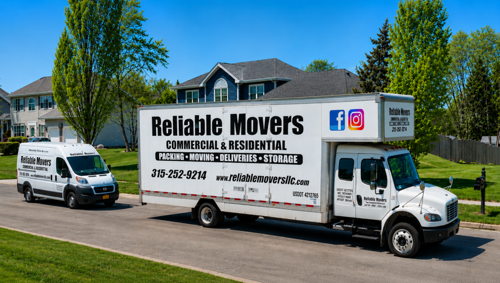 Reliable Movers Syracuse NY interstate moving truck and company van parked in a residential neighborhood