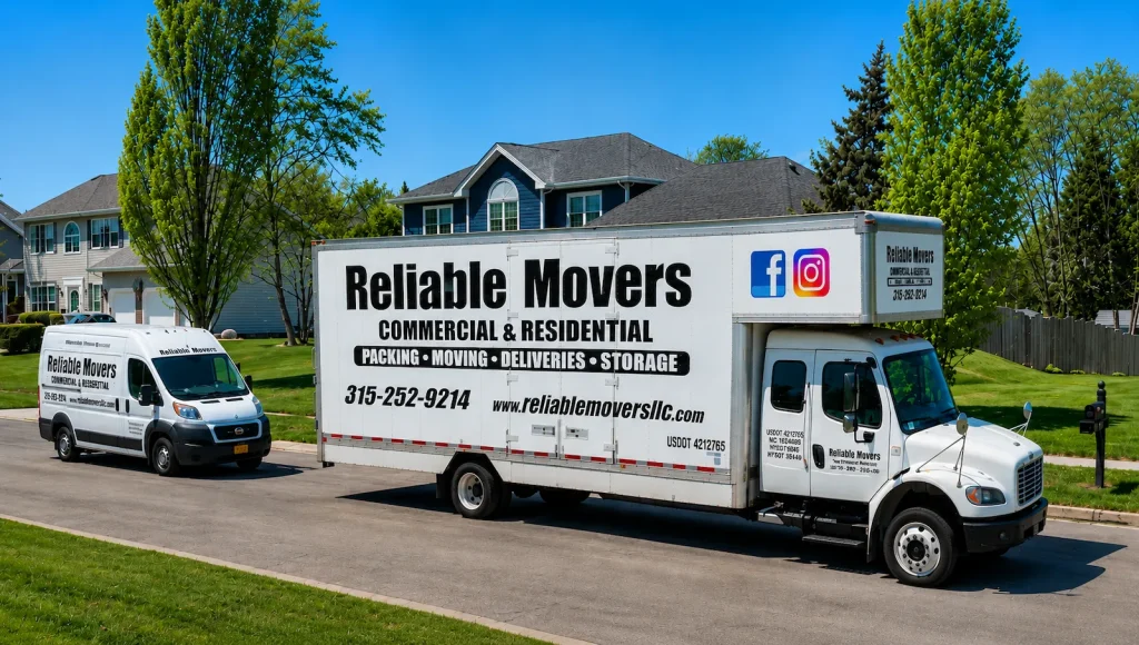 Reliable Movers Syracuse NY interstate moving truck and company van parked in a residential neighborhood