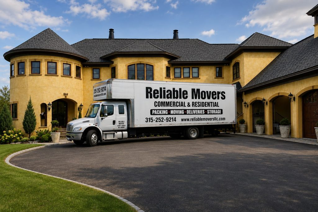 Reliable Movers truck at a luxury home in Skaneateles NY during an interstate move to Florida