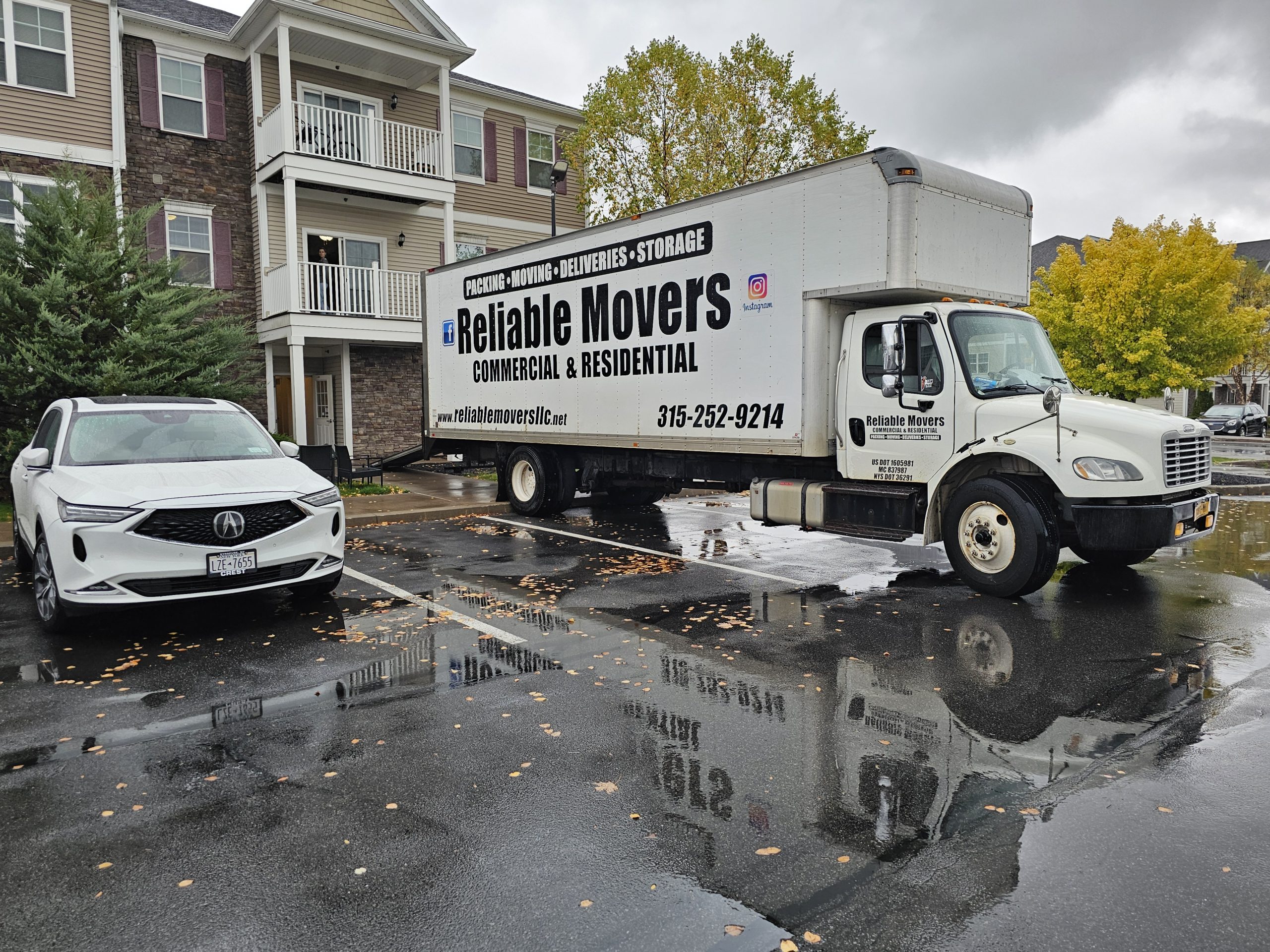 Reliable Movers LLC completing a local residential move from Liverpool NY to River Pointe Apartments in Mexico NY with a third-floor stair carry on October 16 2026
