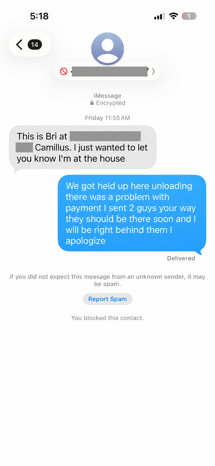 Text message explaining the payment delay and Jonathan's apology